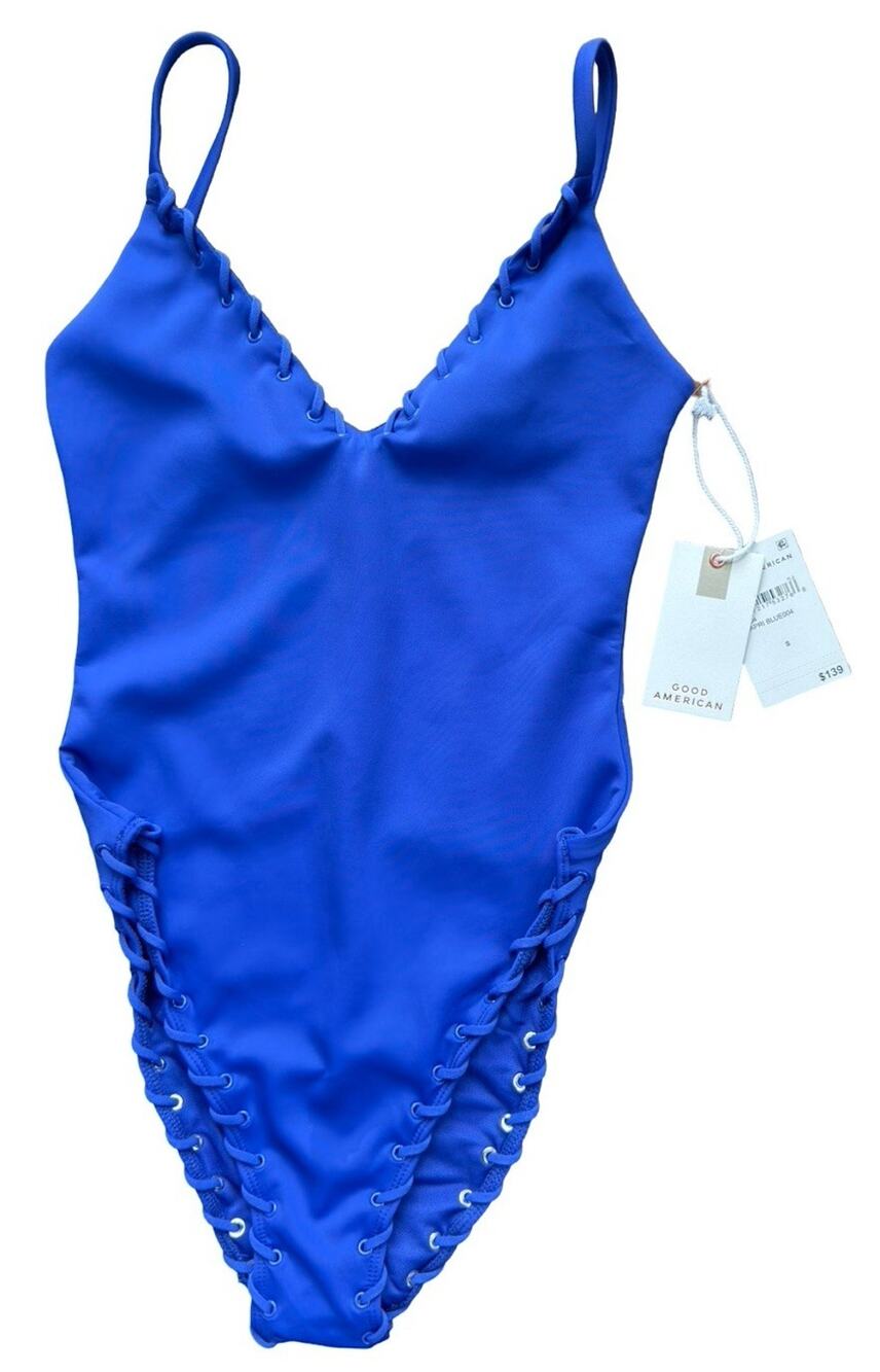 Good American Whipstitch Lace-Up One Piece Swimsuit Capri Blue Size S NWT
